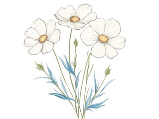 Fototapeta premium Delicate white flowers on stems with green leaves against a soft background