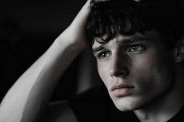 In a black-and-white setting, a young man leans forward with a pensive expression, his gaze cast downwards, reflecting a deep state of thought and introspection.
