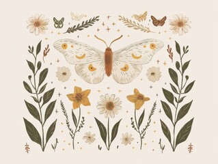 Whimsical boho moth and floral pattern with vintage elements