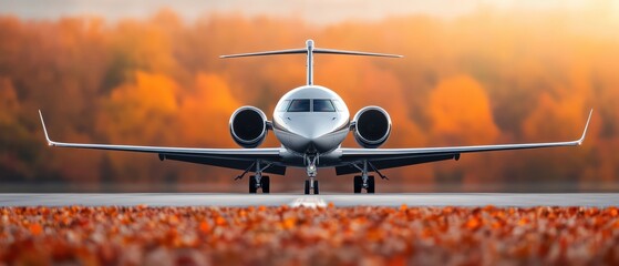 Private jet on runway during autumn, vibrant orange foliage background.