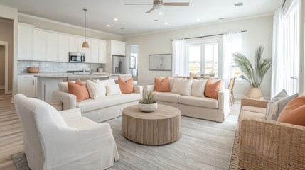 Fototapeta premium Modern Living Room with White Couches, a Coffee Table, and a Plant