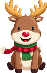 Obraz premium A cute cartoon reindeer with a red nose, wearing a green and red scarf. This friendly reindeer adds a cheerful holiday vibe and is ideal for Christmas decor. Transparent background.