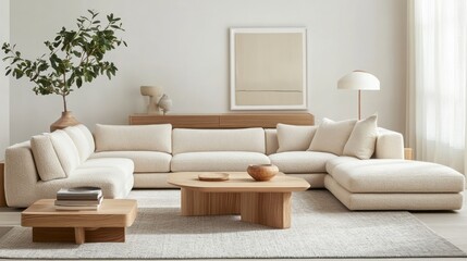 Modern living room with a sectional sofa, wooden coffee table, and a plant.