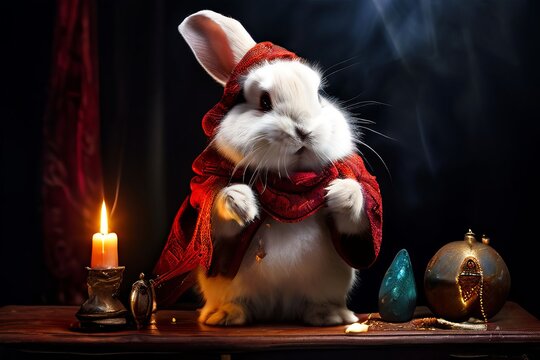 a dwarf hotot rabbit performing magic tricks pulling scarves fro