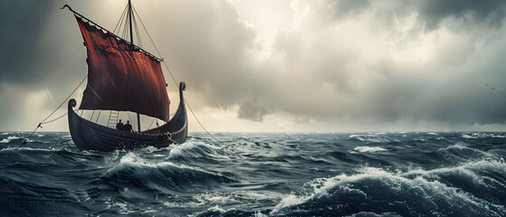 A Viking longship bravely navigates turbulent seas, its sails billowing against the stormy sky.