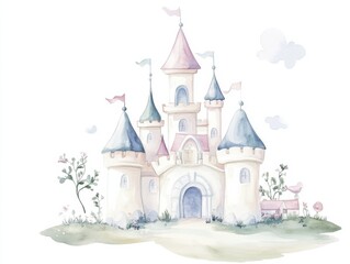Whimsical watercolor castle with flags and floral surroundings