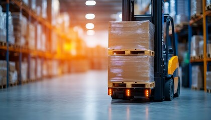 Forklift moving pallets with tracking sensors attached, smart warehouse environment, optimized freight handling