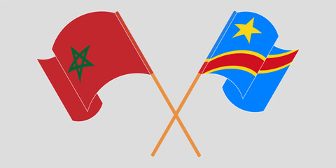 Crossed and waving flags of Morocco and Democratic Republic of the Congo. Vector illustration