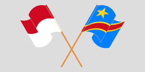 Crossed and waving flags of Monaco and Democratic Republic of the Congo. Vector illustration