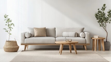 Minimalist Living Room with White Sofa, Wooden Coffee Table, and Plants