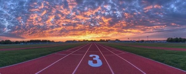 Sunset over a track field with number three lane marking
