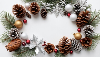 Christmas wreath frame with pinecones and ornaments