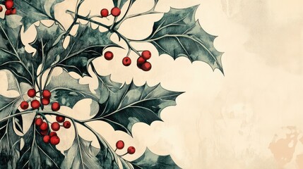 Elegant holly leaves and berries in vector art, using delicate linework and muted greens and reds for a refined holiday design.