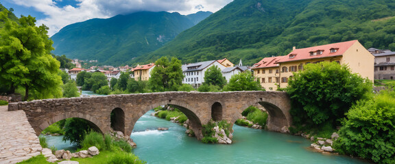 Small town known for its thermal baths surrounded by mountains and a river. Lush greenery and the traditional stone bridge add to the serene setting.