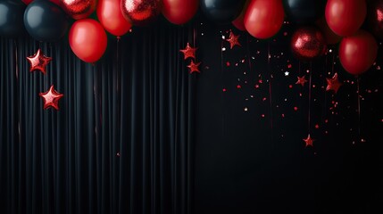 A festive arrangement of red and black balloons with sparkling stars against a dark backdrop, perfect for celebrations and parties.