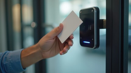 A man applies an access card to a reader, close-up. Access control and management system. Security and safety