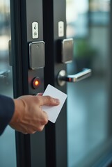 A man applies an access card to a reader, close-up. Access control and management system. Security and safety