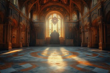 Obraz premium intricately designed empty throne situated in a grand castle hall exuding regality and mystery with rich textures and shadows enhancing the majestic atmosphere