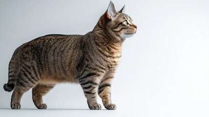 Elegant Egyptian Mau cat poised gracefully on the left, showcasing its distinctive coat and athleticism against a clean white backdrop.