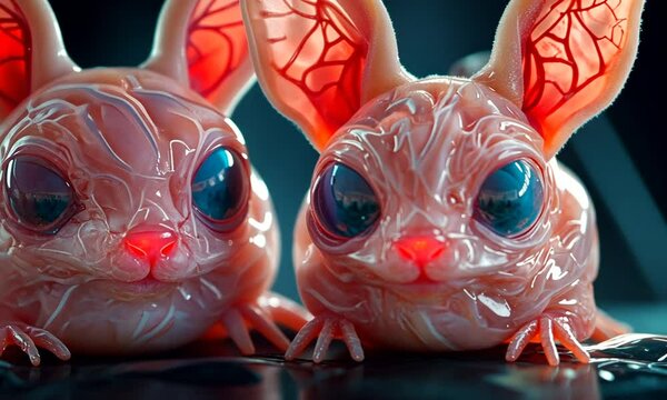 Two Pink Furless Bunnies with Large Eyes