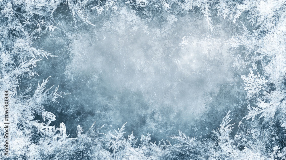 Fototapete abstract frosty border with snowflakes and swirling ice patterns, framing a transparent winter-theme