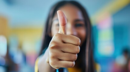 Positive Feedback: Cheerful Teacher Giving Thumbs Up in Classroom Setting