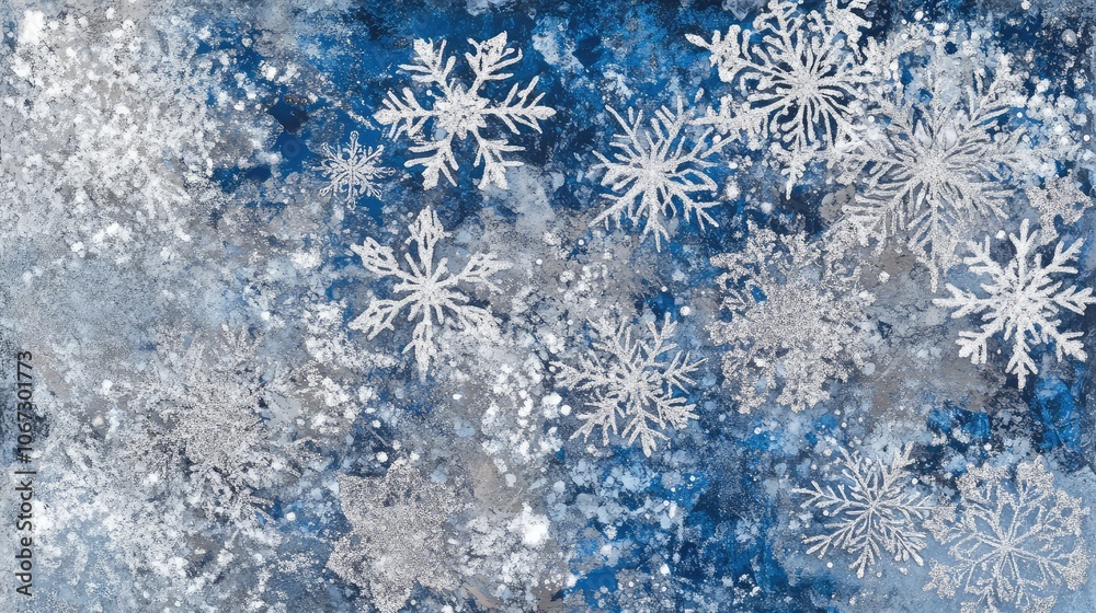 Fototapete detailed frost texture with snowflake clusters in blue and silver, forming abstract holiday patterns