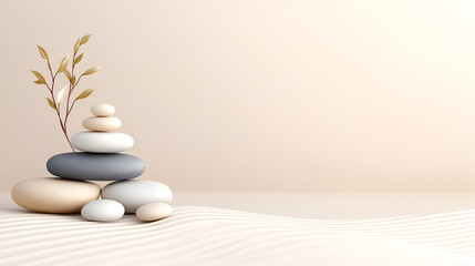 A serene Zen garden with Stones With Lines On sand--spa therapy--purity harmony and Balance for Meditation