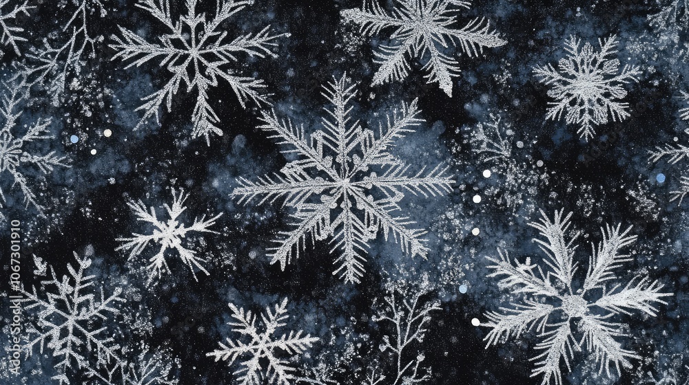 Fototapete frost crystals and snowflakes overlapping in an intricate, festive pattern against a dark wintery ba
