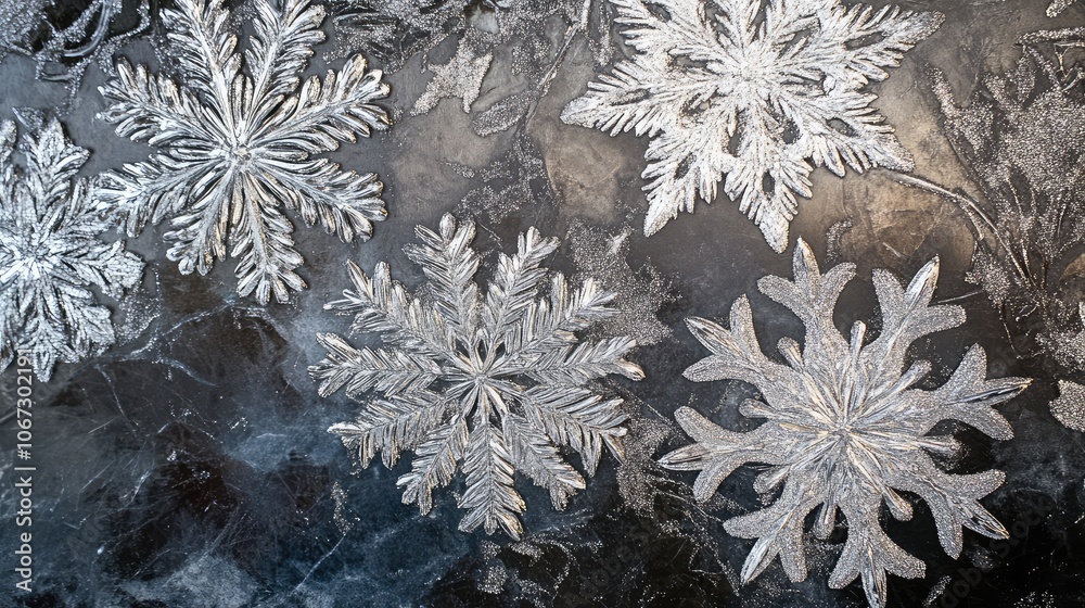 Fototapete frozen snowflakes with metallic frost patterns in silver and white, creating a christmas-inspired ab