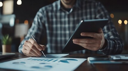 A person analyzing data on a tablet and paper in a professional setting.
