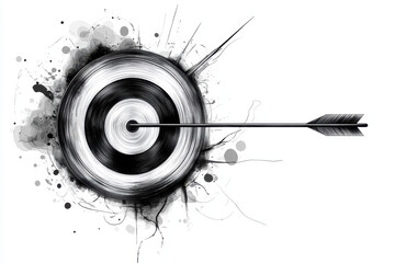 drawn bullseye target with arrow symbolizes precision and goal setting, featuring monochrome design with splattered ink effects
