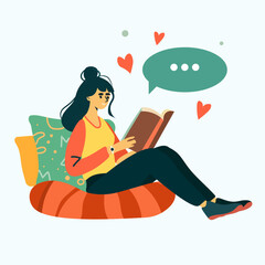 Woman reading book on cushion relaxation leisure time cozy home setting colorful hearts speech bubble