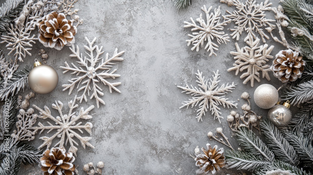 Fototapete overlapping frost lines creating snowflake and star shapes, shimmering in silver on a muted holiday 