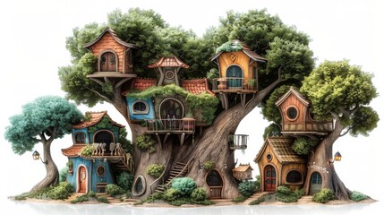 Obraz premium Enchanting Treehouse Village Nestled in Lush Greenery with Whimsical Architecture and Cozy Wooden Cabins