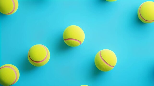 Multiple tennis balls are creating a repeating pattern on a vibrant blue background, forming an ideal backdrop for sports related themes