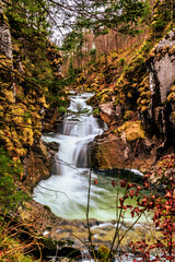 Beautiful autumn colors at Rottach waterfall near lake Tegernsee in winter, Rottach-Egern, Bavaria, Germany, vertical