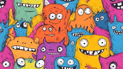 Colorful Monster Doodles Seamless Pattern - Fun and Whimsical Cartoon Creatures for Kids' Designs, Textiles, and Backgrounds