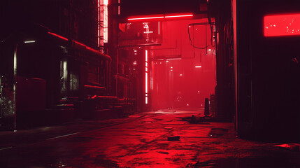 Dimly lit, red neon urban alleyway with industrial structures and moody futuristic ambiance