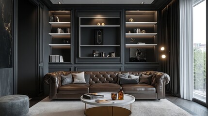 Modern Living Room with Leather Sofa and Built-in Shelving