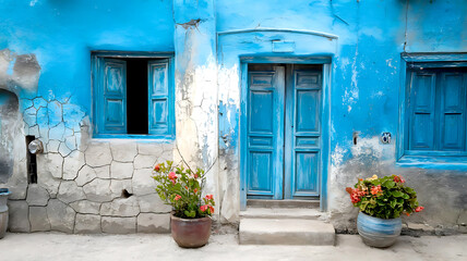 Fototapeta premium Cracked Blue Paint on an Aged Village House Wall Showcasing the Weathered Texture and Charm of Antiquity