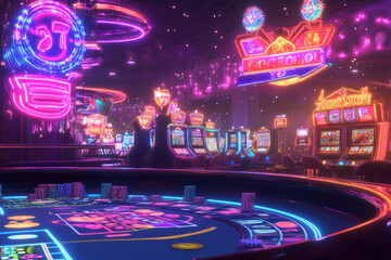 Obraz premium Vibrant Neon Casino Atmosphere Featuring Gaming Tables and Colorful Slot Machines at Night