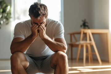 A casually dressed man sits in a modern, brightly lit interior, hands clasped over his face in introspection, capturing a moment of reflection and thought.