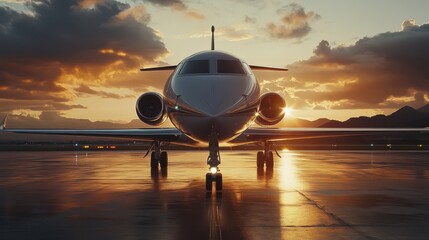 Private Jet on Runway at Sunset
