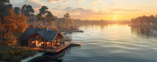 Cozy Lakeside Cabin at Sunset with Scenic Views and Tranquil Atmosphere, Perfect for Real Estate Listings and Vacation Rentals