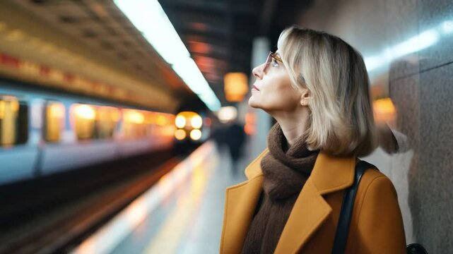 An older woman stands at a train station, gazing into the distance while preparing for her morning commute in the city