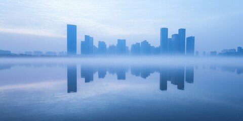 Fototapeta premium Foggy City Skyline Reflection in Water