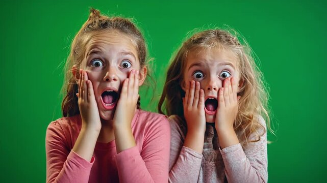 Two young girls are expressing surprise on a green screen background. They are making various hand gestures and facial expressions