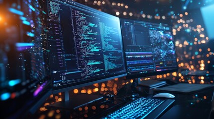 High-tech workspace with code on multiple monitors in cyberpunk lighting
