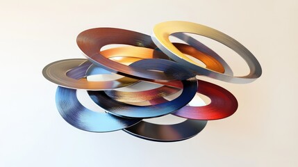 Abstract ornament composed of layered rings of various metallic hues, floating and intersecting in mid-air.
